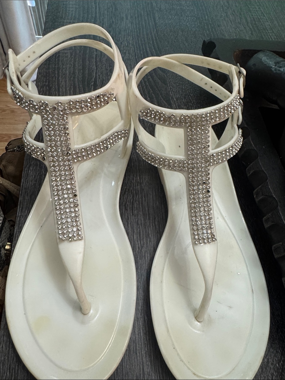 White Rhinestone T-Strap Flat Sandals - Women's